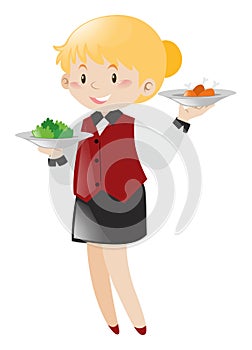 Waitress serving food on white background