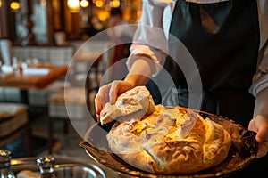 waitress serving fresh ovenbaked bread