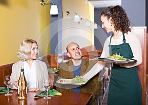 Waitress serving senior customers