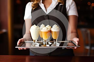 waitress serving a tray of cream sodas at a restaurant