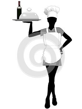 Waitress silhouette in chef hat holds serving tray