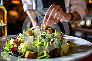 waitress topping a gourmet salad with croutons at a highend restaurant