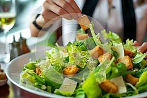 waitress topping a gourmet salad with croutons at a highend restaurant