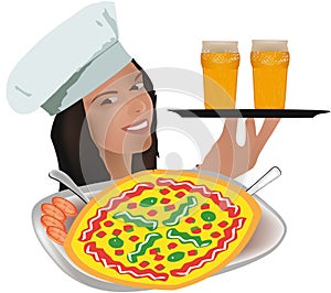 Waitress with tray of light beers and pizza pizza photo