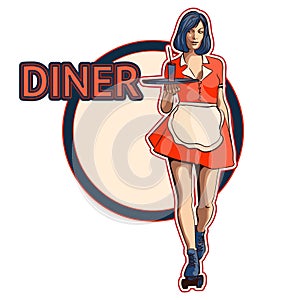 Waitress with a tray on roller skates, vector art. Waitress from a diner. Short skirt.