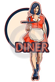 Waitress with a tray on roller skates, vector art. Waitress from a diner. Short skirt.