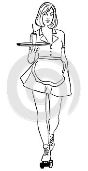 Waitress with a tray on roller skates, vector line art. Waitress from a diner. Short skirt.