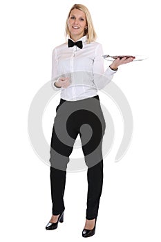 Waitress waiter female blond young woman serving with tray restaurant job full body isolated photo