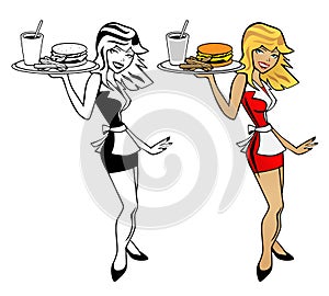 Waitress woman holding food tray with burger, fries and drink cartoon vector illustration