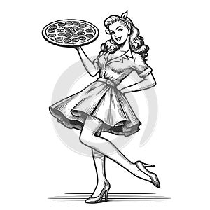 Waitresses Serving pizza sketch illustration