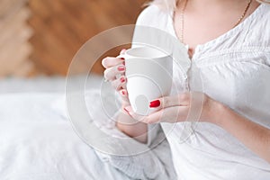 Wake beverage woman bed hold morning drink