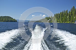 Wake from boat on Lake McCall, Idaho and Pine Trees in summer