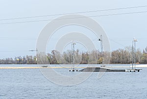 Wake cable park for wakeboarding on river. Pulley system reverse equipment wakeboard in water. Traction water snowboard halyard