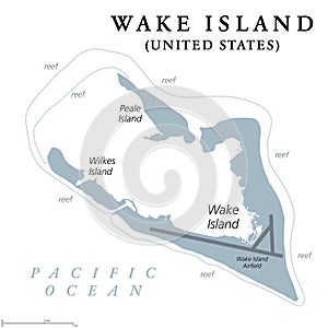 Wake Island or Wake Atoll, coral atoll in the Pacific, gray political map