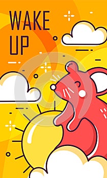 Wake up card with mouse, sun and clouds on yellow background. Thin line flat design. Vector