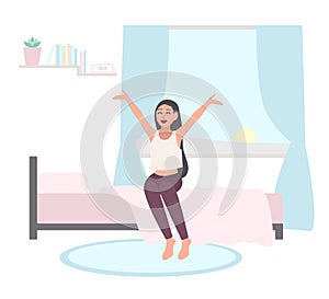 Wake up early concept. Happy girl get out of bed in morning. Flat illustration on white background.