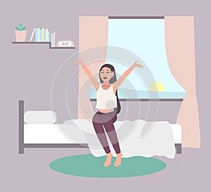 Wake up early concept. Happy girl get out of bed in morning. Flat illustration on white background photo