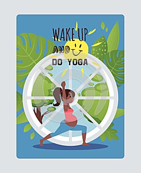 Wake up, go yoga, pregnant women character, sport activity for gestation period, flat vector illustration. Web poster