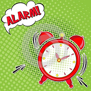 Wake up!! Lettering cartoon vector illustration with alarm clock on green background. Pop art style