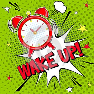 Wake up!! Lettering cartoon vector illustration with alarm clock on green halfone background