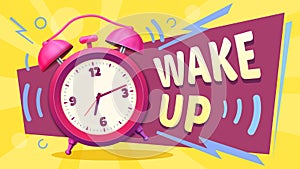 Wake up poster. Good morning, alarm clock ringing and mornings wakes vector illustration