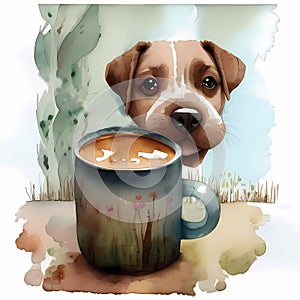 Wake Up and Smell the Coffee - Watercolor Painting of a Dog Enjoying a Cup of Joe