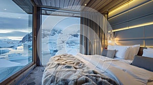 Wake up to breathtaking views of a serenely frozen landscape with majestic icebergs and snowcovered mountains stretching