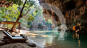 Wake up to the gentle sound of a nearby underground river in your tranquil cave accommodation. 2d flat cartoon