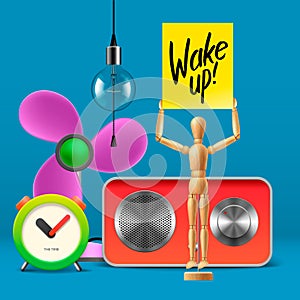 Wake up. Workspace mock up with analog alarm clock