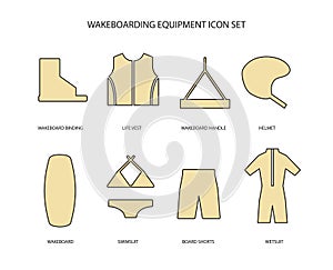Wakeboarding equipment icons set photo