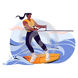 Wakeboarding. Girl stands on board, holds rope pulled by boat. Woman in life jacket rides, surfing on waves. Extreme