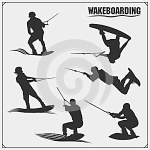 Wakeboarding silhouettes, labels and design elements. Set of emblems for wakeboard club and print design for t-shirt.