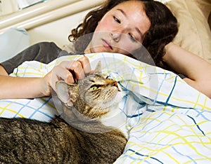 Waking up Together - Girl and her Pet Cat