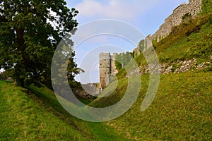 Wal and moat of Carisbrooke Castle in Newport, Isle of Wight, England