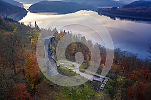 Waldenburg castle ruins and the Biggesee with the surrounding landscape from a bird\'s eye view