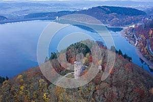 Waldenburg castle ruins and the Biggesee with the surrounding landscape from a bird\'s eye view