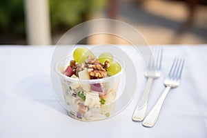waldorf salad in a to-go container with fork on top, close to camera