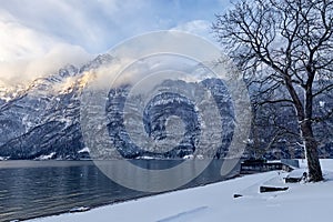 Walensee Lake of Walen with Churfirsten mountain range in background. Walenstadt, Switzerland