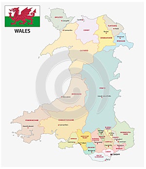 Wales administrative and political vector map with flag