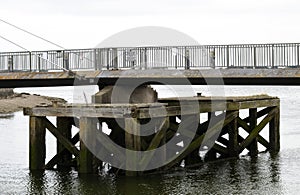 Wales, Caernarfon. Detail of the swing bridge by the historic castle.