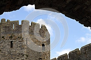 Wales, Caernarfon. View from the gate of the historic castle into the Royal town.