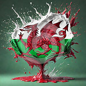 Wales flag paint liquid explosion on isolated background , generated by AI