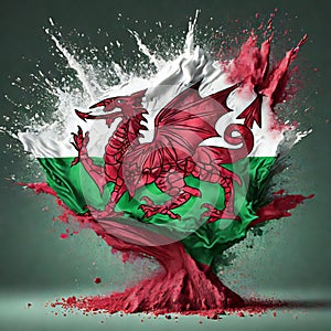 Wales flag paint powder explosion on isolated background , generated by AI