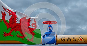 Wales gas, valve on the main gas pipeline Wales, Pipeline with flag Wales, Pipes of gas from Wales, 3D work and 3D image photo