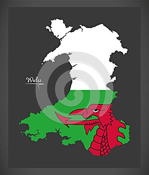 Wales map with Welsh national flag