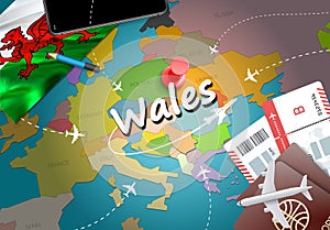 Wales travel concept map background with planes,tickets. Visit W