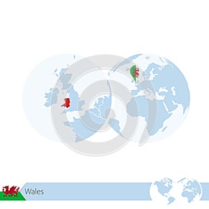 Wales on world globe with flag and regional map of Wales