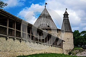 Walk along walls of the Pskov Kremlin in summer