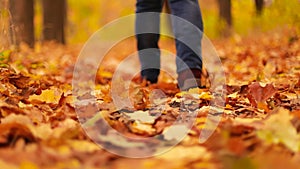 Walk in the autumn forest. Stylish woman in dark red boots enjoying autumn weather in city park. Beautiful woman walking