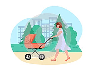 Walk with baby stroller in summer. Woman in dress pushing pram for newborn, carriage for little child. Young mother walking with